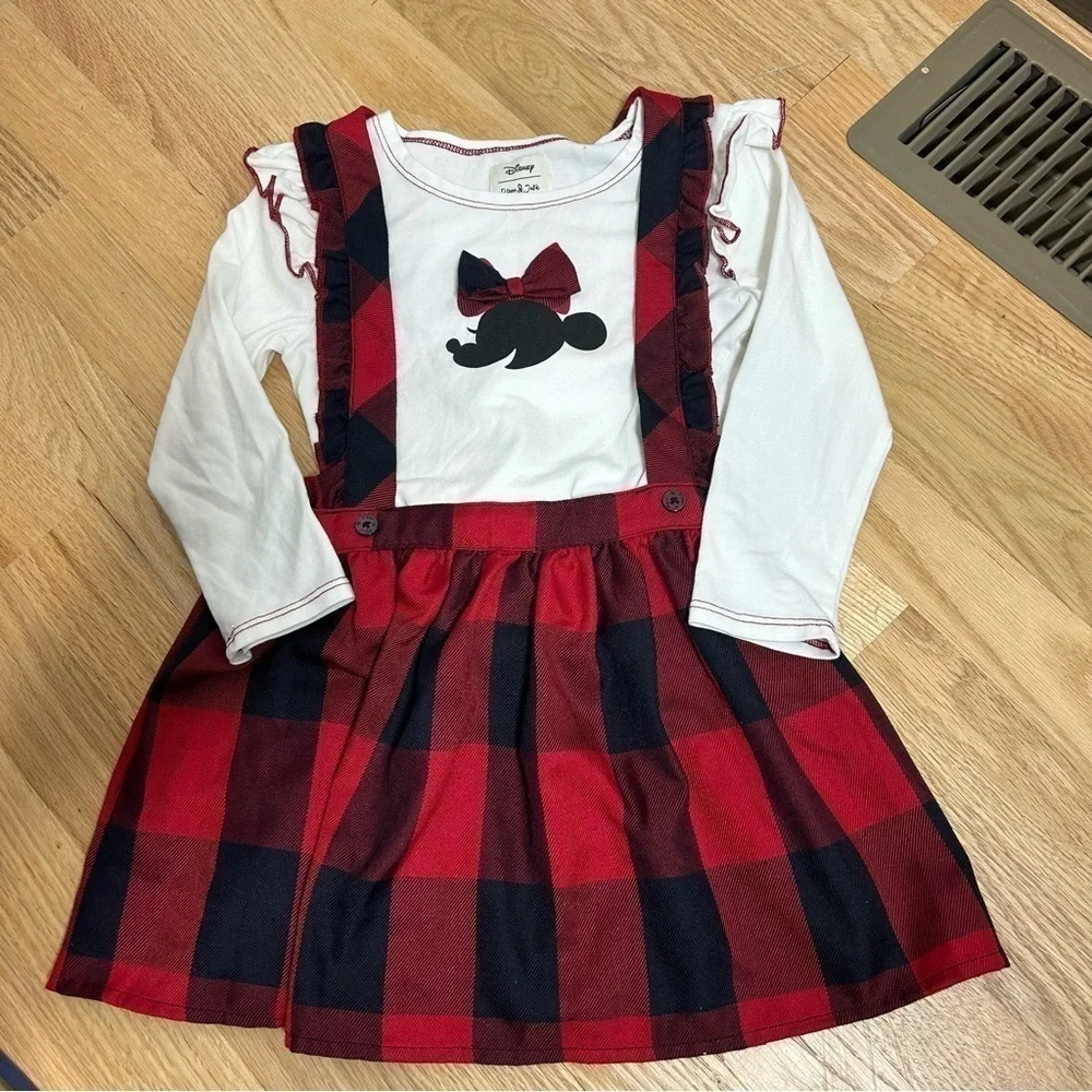 Disney Pippa & Julie Minnie Mouse Dress 4T Plaid Black Red Long Sleeve Overall